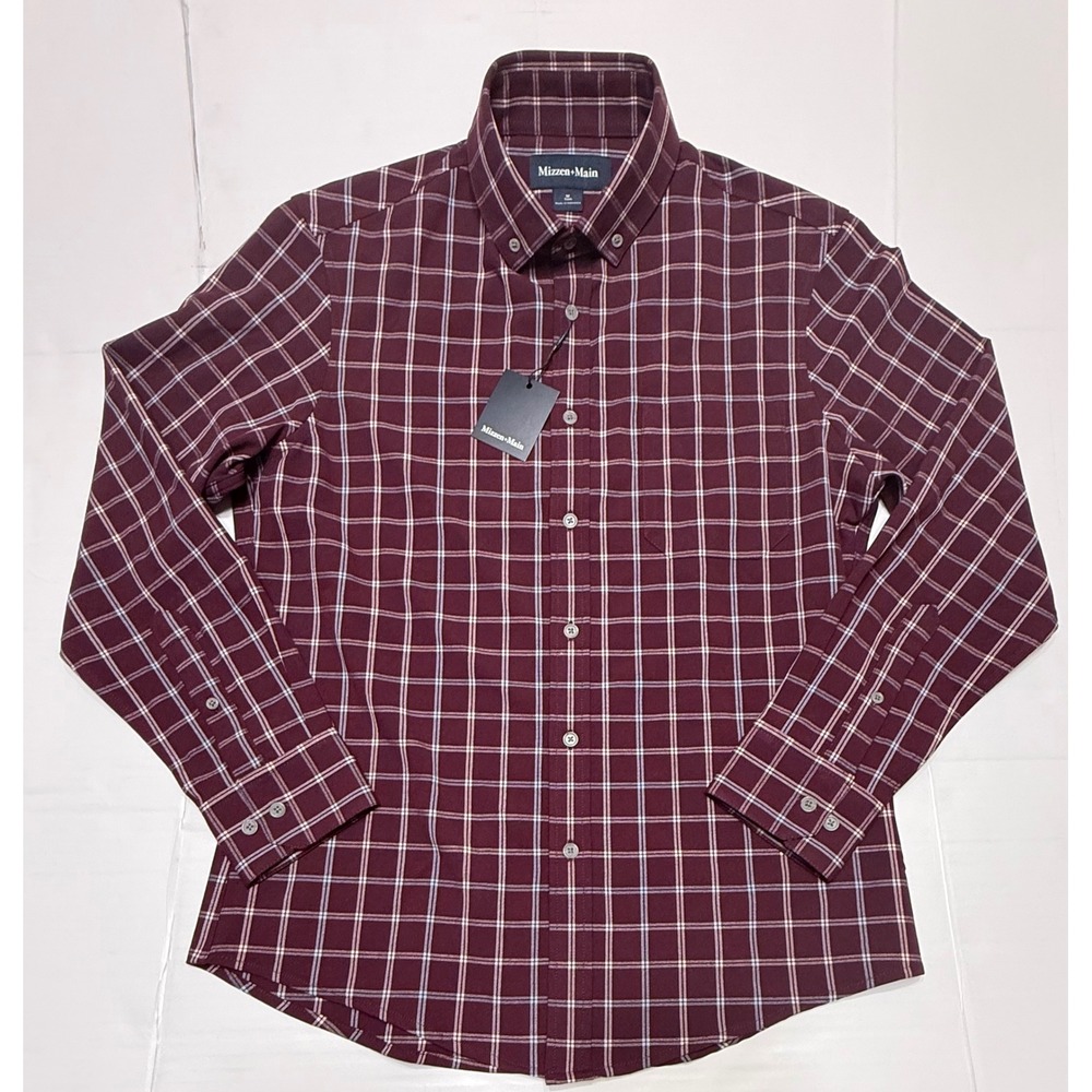 Mizzen+Main Richard Plaid Flannel Shirt Mens Medium Trim Fit Burgundy Button Up